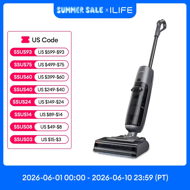 ILIFE W90 Pro Cordless Wireless Wet Dry Smart Mop Washing ,7000Pa Suction, 1Min Self Cleaning, Large Dual Water Tank,Update W90