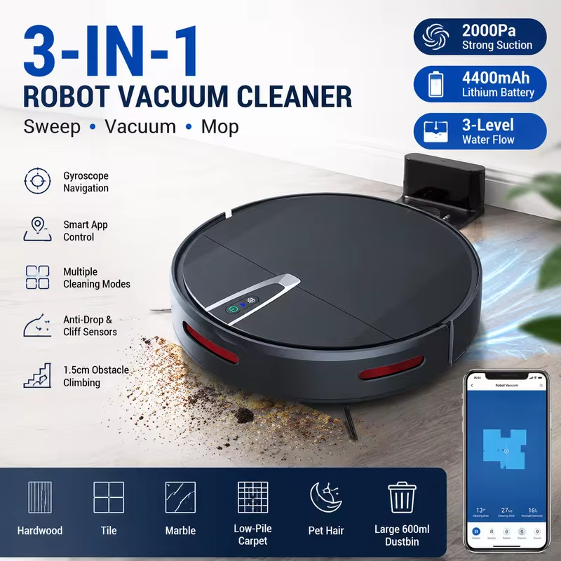 Home Robot Vacuum Cleaner with 2000 Pa Suction Wet & Dry Function Auto-Recharge Brushless Motor