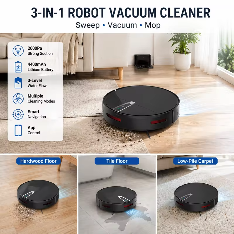 Home Robot Vacuum Cleaner with 2000 Pa Suction Wet & Dry Function Auto-Recharge Brushless Motor