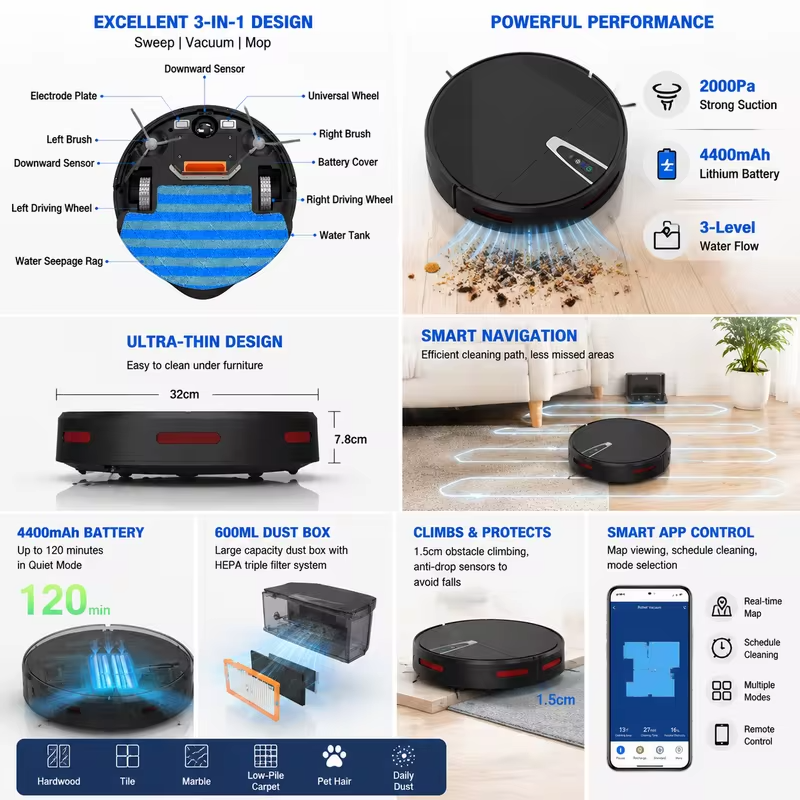 Home Robot Vacuum Cleaner with 2000 Pa Suction Wet & Dry Function Auto-Recharge Brushless Motor