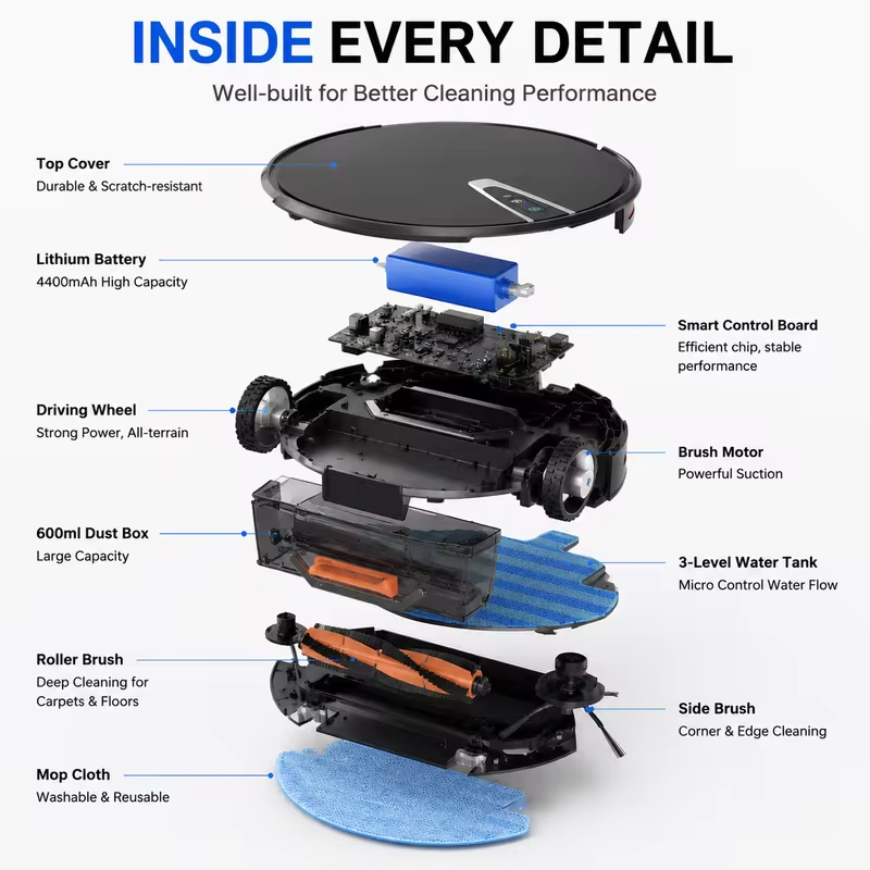 Home Robot Vacuum Cleaner with 2000 Pa Suction Wet & Dry Function Auto-Recharge Brushless Motor