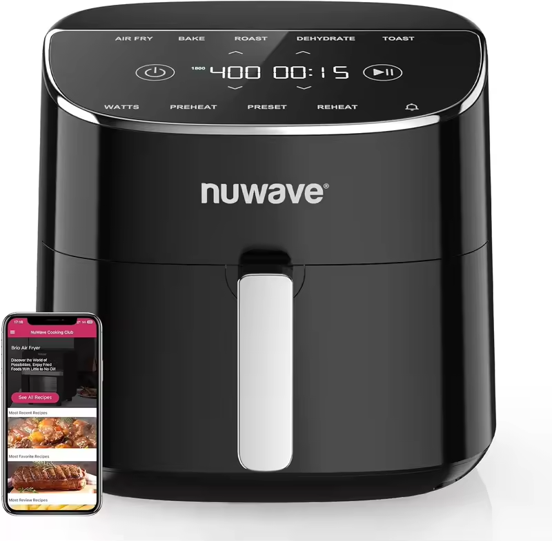 8 Qt Air Fryer, PFAS-Free, 7 Functions, 150 Presets, 50-400°F, Digital Touch Screen, Black