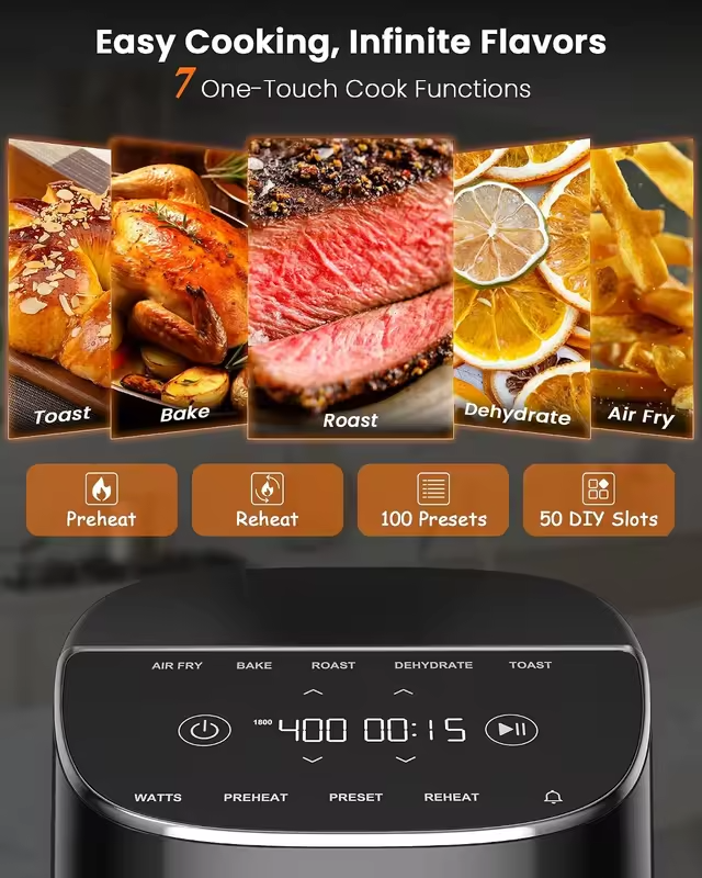 8 Qt Air Fryer, PFAS-Free, 7 Functions, 150 Presets, 50-400°F, Digital Touch Screen, Black