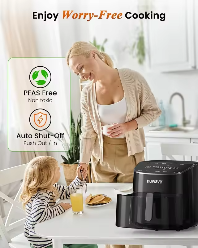 8 Qt Air Fryer, PFAS-Free, 7 Functions, 150 Presets, 50-400°F, Digital Touch Screen, Black