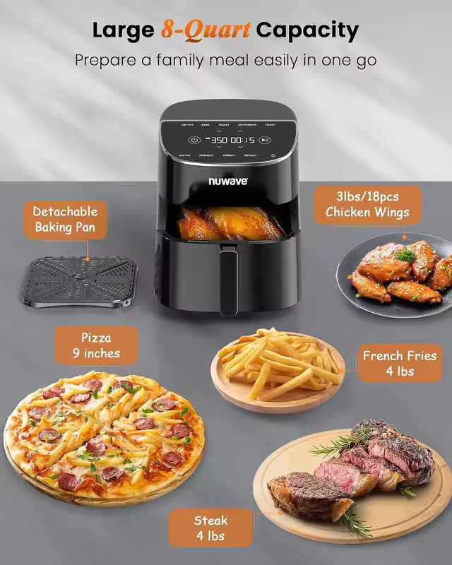 8 Qt Air Fryer, PFAS-Free, 7 Functions, 150 Presets, 50-400°F, Digital Touch Screen, Black
