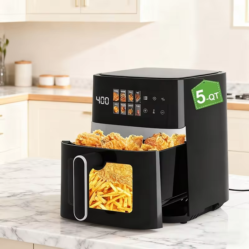 This 5-Quart Air Fryer Is an 8-In-1 Electric Hot Air Oven Equipped with an LED Touchscreen, Ensuring Even Heating of Food with a Power of 1350W. It Boasts a Large Capacity And Features 360° Hot Air Circulation Along with a Clear Touchscreen
