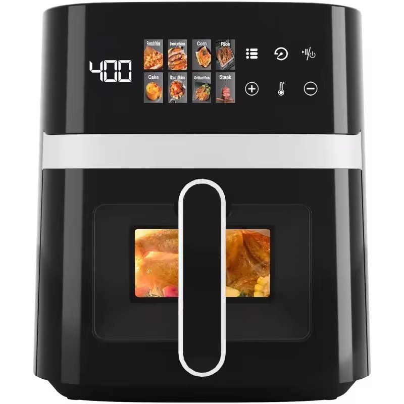 This 5-Quart Air Fryer Is an 8-In-1 Electric Hot Air Oven Equipped with an LED Touchscreen, Ensuring Even Heating of Food with a Power of 1350W. It Boasts a Large Capacity And Features 360° Hot Air Circulation Along with a Clear Touchscreen