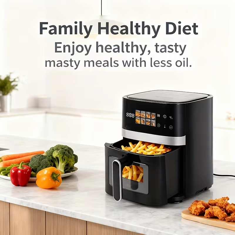 This 5-Quart Air Fryer Is an 8-In-1 Electric Hot Air Oven Equipped with an LED Touchscreen, Ensuring Even Heating of Food with a Power of 1350W. It Boasts a Large Capacity And Features 360° Hot Air Circulation Along with a Clear Touchscreen