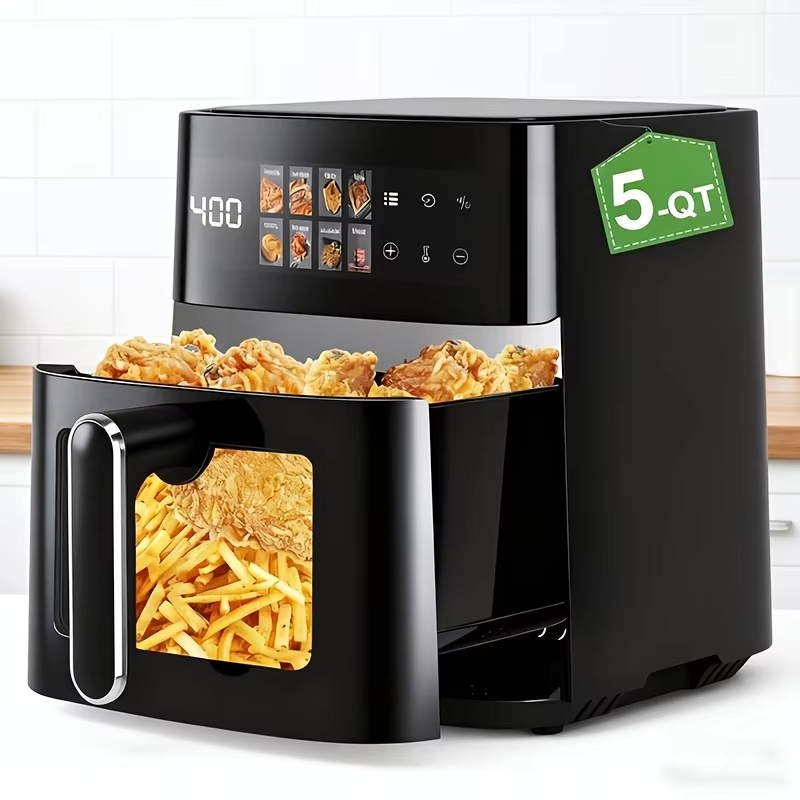 This 5-Quart Air Fryer Is an 8-In-1 Electric Hot Air Oven Equipped with an LED Touchscreen, Ensuring Even Heating of Food with a Power of 1350W. It Boasts a Large Capacity And Features 360° Hot Air Circulation Along with a Clear Touchscreen