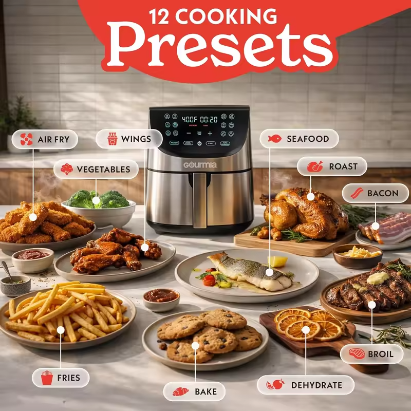 8 Qt Extra Large Air Fryer with 12 Presets, FryForce360°, Dishwasher Safe, Stainless Steel
