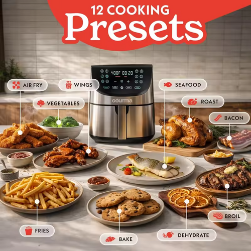 8 Qt Extra Large Air Fryer with 12 Presets, FryForce360°, Dishwasher Safe, Stainless Steel