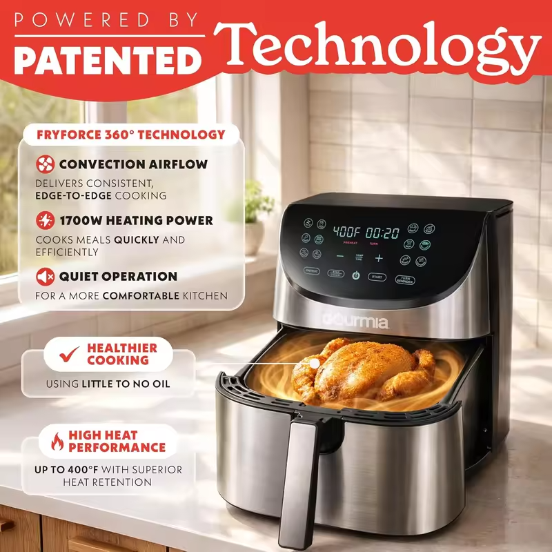 8 Qt Extra Large Air Fryer with 12 Presets, FryForce360°, Dishwasher Safe, Stainless Steel