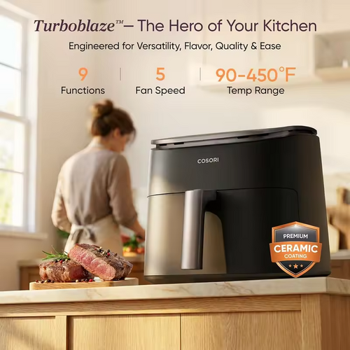 9-in-1 TurboBlaze Air Fryer 6 Qt, PFAS-Free Ceramic, 90-450°F, Precise Heating, Air Fry/Roast/Bake/Broil/Dry/Frozen/Proof/Reheat/Warm, 120V, Dark Gray
