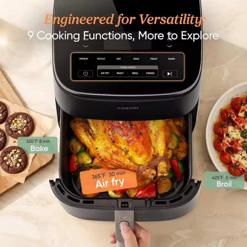 9-in-1 TurboBlaze Air Fryer 6 Qt, PFAS-Free Ceramic, 90-450°F, Precise Heating, Air Fry/Roast/Bake/Broil/Dry/Frozen/Proof/Reheat/Warm, 120V, Dark Gray
