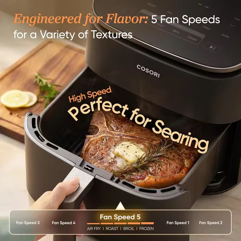 9-in-1 TurboBlaze Air Fryer 6 Qt, PFAS-Free Ceramic, 90-450°F, Precise Heating, Air Fry/Roast/Bake/Broil/Dry/Frozen/Proof/Reheat/Warm, 120V, Dark Gray