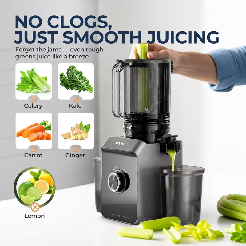 ROUNY Slow Juicer, Cold Press Extractor with Filter-Free, Easy Clean Electric Fruit Juicer Machine with Large Caliber,  Black