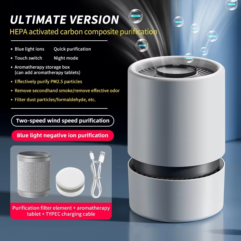 ZNLYRION Mini Desktop Air Purifier HEPA Activated Carbon Filter Negative Ion Blue Light Purification 2 Speed Wind Aroma Function Remove Formaldehyde Smoke Odor Dust