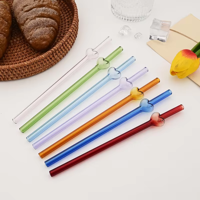 3Pcs Reusable Glass Straw with Brush Multicolored Heart-shaped Straws Set Suitable for Milkshakes Juices Coffee Bar Accessories