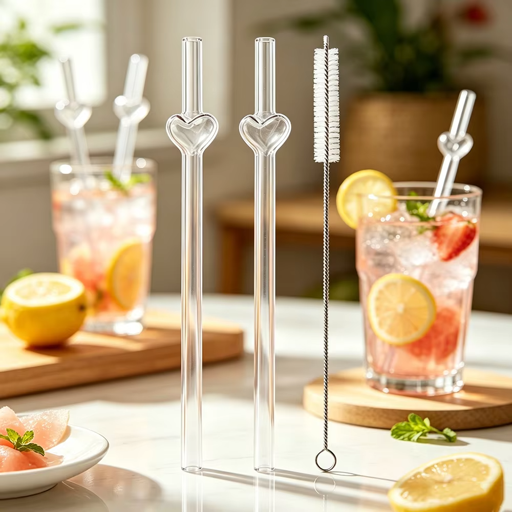 3Pcs Reusable Glass Straw with Brush Multicolored Heart-shaped Straws Set Suitable for Milkshakes Juices Coffee Bar Accessories
