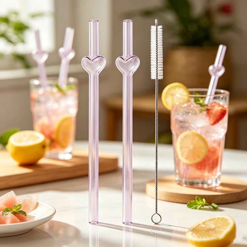 3Pcs Reusable Glass Straw with Brush Multicolored Heart-shaped Straws Set Suitable for Milkshakes Juices Coffee Bar Accessories