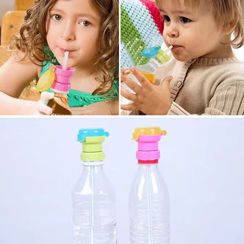 Kids Water Bottle Cap Spill Proof Juice Soda Water Bottle Twist Cover Cap with Straw Safe Drink Sippy Cap Feeding Drinkware